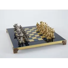 S16BLU шахи "Manopoulos", "Спартанський воїн", латунь, у дерев'яному футлярі, сині, 28х28см, 3,4 кг