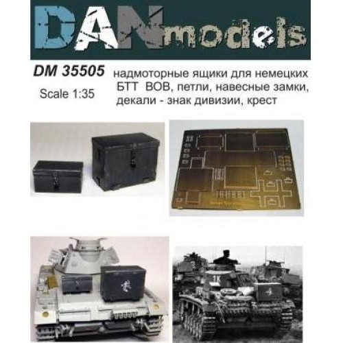 Фототравлення Надмоторні ящики для німецької БТТ періоду ВВВ, петлі, навісні замки, декалі - знак дивізії (DAN35505) Масштаб: 1:35