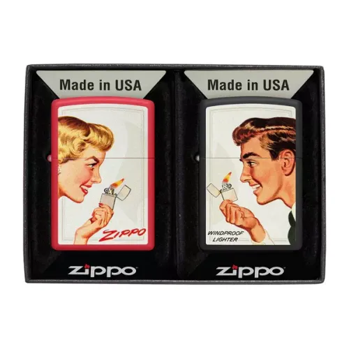 Зажигалки бензиновые набор ZIPPO Red Matte и Black Matte Vintage Ad Lighter Set, красная, черная (46295)