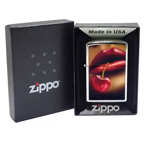 Зажигалка бензиновая ZIPPO Lips & Cherries High Polish Chrome, полированный хром (28655)