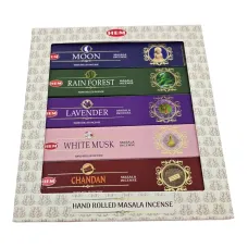 Подарочный набор благовоний с подставкой HEM Masala, 5 ароматов по 15 г: Moon, Rain Forest, Lavender, White Musk, Chandan (DN36528)