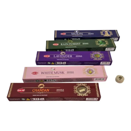 Подарунковий набір пахощів з підставкою HEM Masala, 5 ароматів по 15 г: Moon, Rain Forest, Lavender, White Musk, Chandan (DN36528)