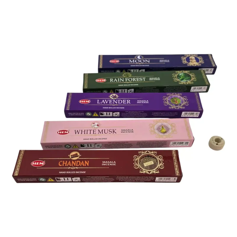 Подарунковий набір пахощів з підставкою HEM Masala, 5 ароматів по 15 г: Moon, Rain Forest, Lavender, White Musk, Chandan (DN36528)
