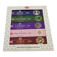 Подарочный набор благовоний с подставкой HEM Masala, 5 ароматов по 15 г: Moon, Rain Forest, Lavender, White Musk, Chandan (DN36528)