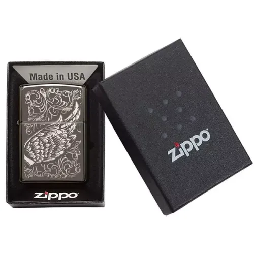 Бензиновые зажигалки Зажигалка бензиновая Zippo Filigree Flame and Wing Design Черная (29881)