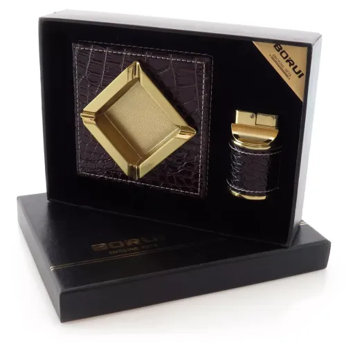 Подарочный набор настольная пепельница с газовой зажигалкой (21х15,5х5 см) черный, эко-кожа (DN27222)