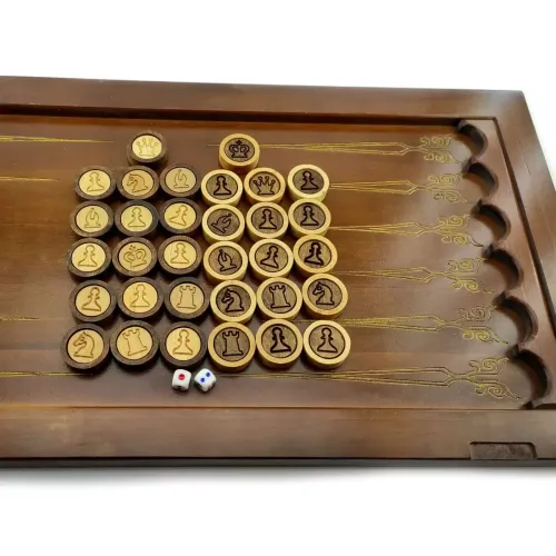 Ігрові набори Фішки 32 шт для ігор 3 в 1 - нард-шахи-шашки із зображенням шахових фігур, шашка d-28мм, h-10мм), масив дерева , подарунковий мішечок з органзи (DN34557)