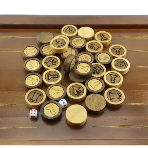 Ігрові набори Фішки 32 шт для ігор 3 в 1 - нард-шахи-шашки із зображенням шахових фігур, шашка d-28мм, h-10мм), масив дерева , подарунковий мішечок з органзи (DN34557)