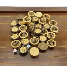 Фішки 32 шт для ігор 3 в 1 - нард-шахи-шашки із зображенням шахових фігур, шашка d-28мм, h-10мм), масив дерева , подарунковий мішечок з органзи (DN34557)