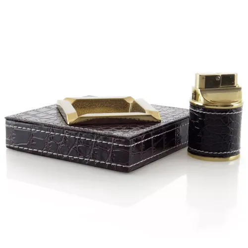 Бензинові запальнички Подарунковий набір настольна попільничка із газовою запальничкою (21х15,5х5 см) чорний, еко-шкіра(DN27222)