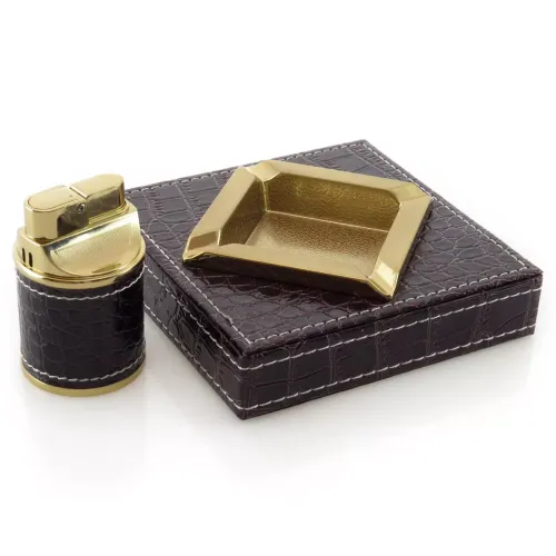 Бензинові запальнички Подарунковий набір настольна попільничка із газовою запальничкою (21х15,5х5 см) чорний, еко-шкіра(DN27222)