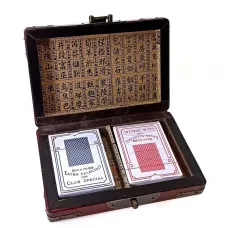 Шкатулка с картами в винтажном стиле "Дракон и Феникс" 2 колоды карт на 54 шт, синяя, красная рубашка (DN22075)