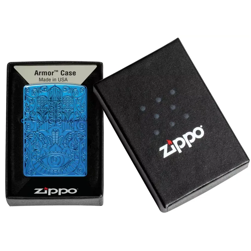Зажигалка армированная бензиновая ZIPPO Armor® High Polish Blue Hamsa Design, голубой полированный (46752)