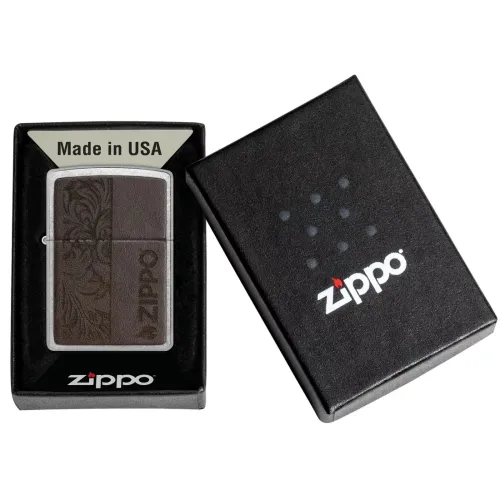 Зажигалка бензиновая ZIPPO Brown Leather Emblem - Zippo Design, хром, кожа коричневый (49920)