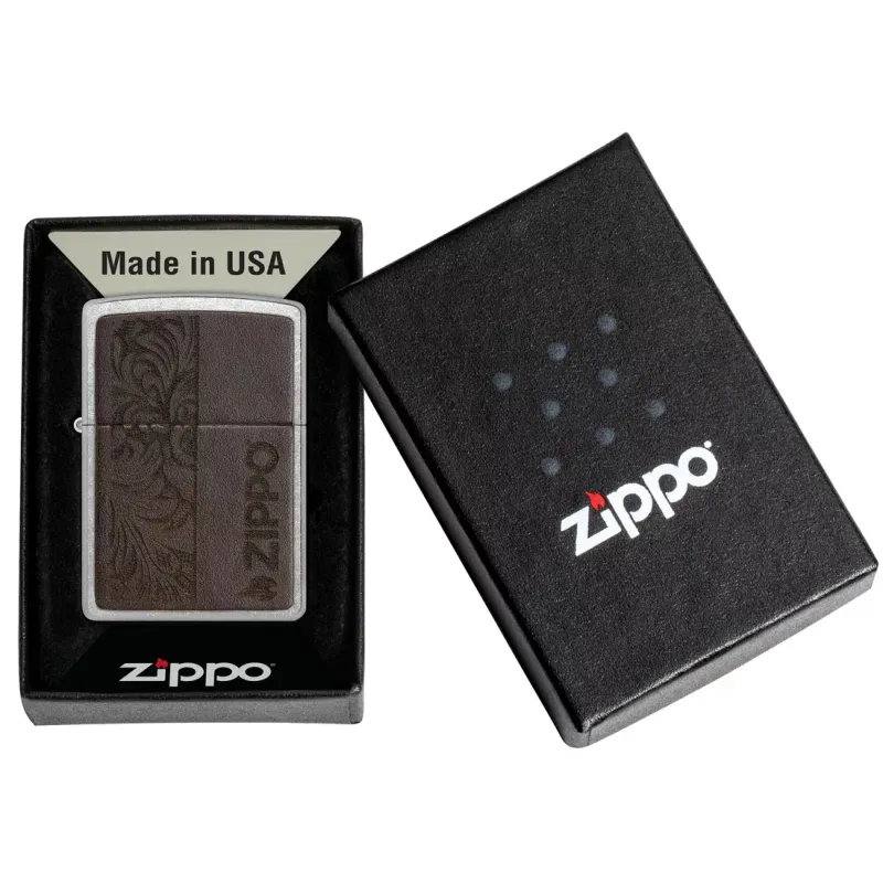Зажигалка бензиновая ZIPPO Brown Leather Emblem - Zippo Design, хром, кожа коричневый (49920)