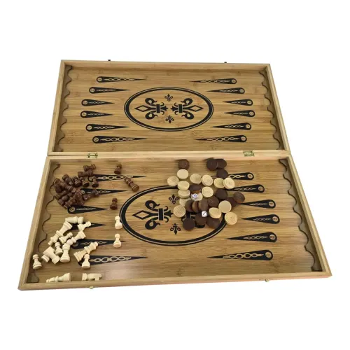 Игровые наборы Набор 3 в 1 нарды, шахматы и шашки из бамбука 60 Х30Х3,5 см, шахматы, фишки дерево, с ячейками (DN22750N)
