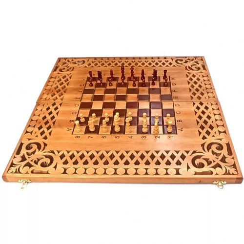 Ігрові набори Набір 3 в 1 нарди-шахи-шашки дерев'яні різьблені 56×28×5 см фігури, фішки дерево, клітина 3,1*3,1 см (DN34146)