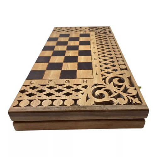 Ігрові набори Набір 3 в 1 нарди-шахи-шашки дерев'яні різьблені 57×28×5,2см фігури,фішки дерево,клітина 4,2*4,2 см (DN36053)
