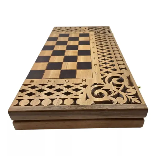 Ігрові набори Набір 3 в 1 нарди-шахи-шашки дерев'яні різьблені 57×28×5,2см фігури,фішки дерево,клітина 4,2*4,2 см (DN36053)