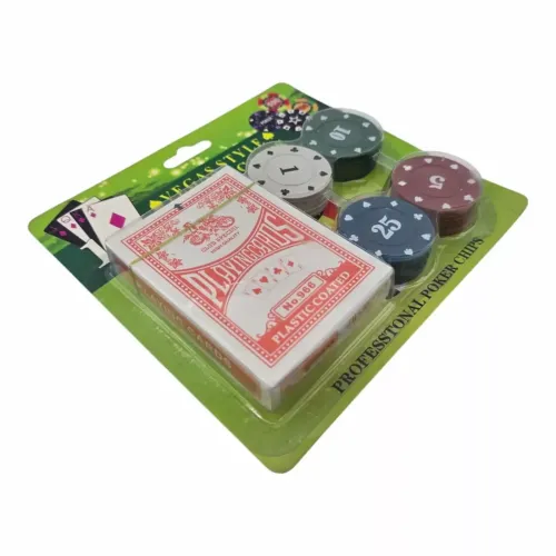 Покерные наборы Набор покерные фишки 20 шт с номиналом и карты 54 шт DUKE, красная рубашка, пластиковое покрытие, блистер (DN36193)