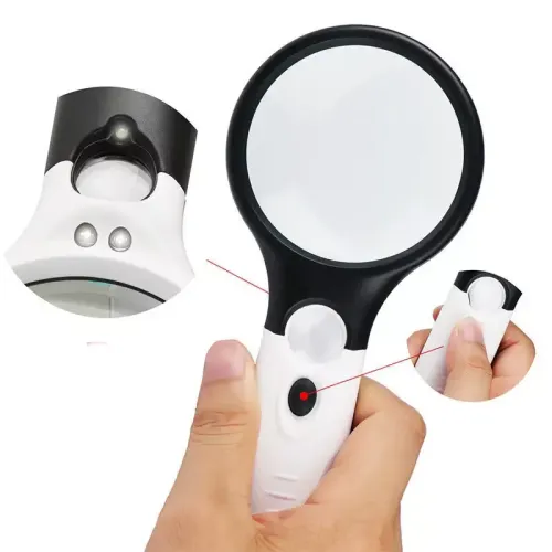 Компасы, лупы Ручная лупа для чтения с подсветкой LED, увеличительное стекло две линзы 70 мм - Х3, 19 мм - Х45 (3 батареи ААА) (DN32850)
