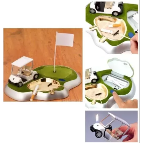 Бензиновые зажигалки Зажигалка настольная с пепельницей "Поле для гольфа" место для хранения сигарет29х24х10 см, коробка (DN26374)