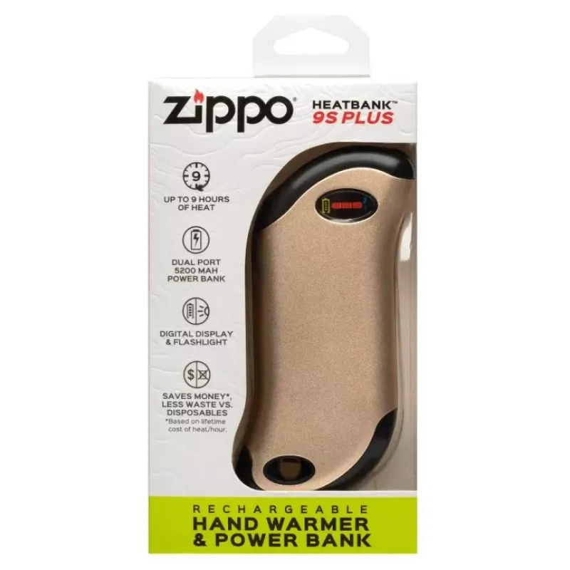 Грелка для рук USB на 9 часов+ Power Bank 5200 mAh +LED фонарик ZIPPO Heatbank, цифровой дисплей индикатора заряда, золотистая,коробка (2007360)