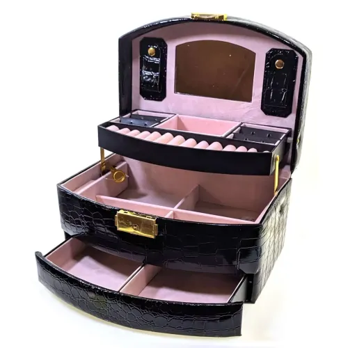 Скриньки, комодики, шафки Скринька-органайзер для прикрас трьохярусна (22х16х12,5 см) чорна екошкіра "крокодил" (DN32387)