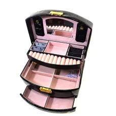 Скринька-органайзер для прикрас трьохярусна (22х16х12,5 см) чорна екошкіра "крокодил" (DN32387)