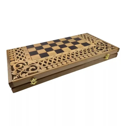 Ігрові набори Набір 3 в 1 шахи-шашки-нарди, (56×28×2,2см)різьблені, дерев'яні, фішки 32 шт. з малюнком фігур (клітина 3,5*3,5) (DN34146A)