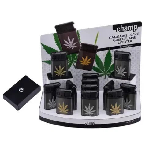 Газові запальнички Запальничка п'єзо турбо зелене полум'я Champ Сanabis, метал, темний хром (40402300)