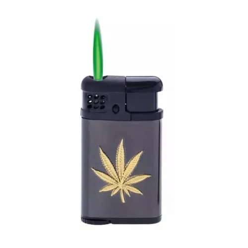 Газові запальнички Запальничка п'єзо турбо зелене полум'я Champ Сanabis, метал, темний хром (40402300)