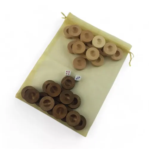 Ігрові аксесуари Фішки для нард з виємкою під палець з мішечком (д-28мм, вис-10мм) кубіки в комплекті, колір натуральне дерево та коричневі, органза (DN34595A)