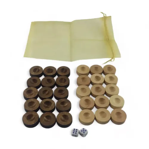 Ігрові аксесуари Фішки для нард з виємкою під палець з мішечком (д-28мм, вис-10мм) кубіки в комплекті, колір натуральне дерево та коричневі, органза (DN34595A)