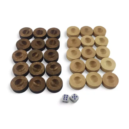 Ігрові аксесуари Фішки для нард з виємкою під палець з мішечком (д-28мм, вис-10мм) кубіки в комплекті, колір натуральне дерево та коричневі, органза (DN34595A)