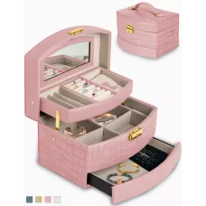 Скринька трьохярусна для прикрас та біжутерії 15х12,5х11,5 см, рельєфна еко-шкіра, ніжно рожевий (DN27993)