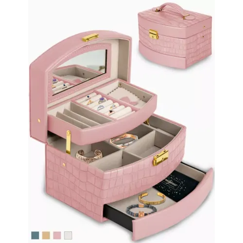 Скриньки, комодики, шафки Скринька трьохярусна для прикрас та біжутерії 15х12,5х11,5 см, рельєфна еко-шкіра, ніжно рожевий (DN27993)