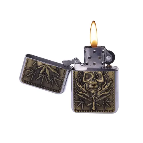 Бензинові запальнички Запальничка бензинова CHAMP Leaves череп, канабис, хром, золотистий (40400230)