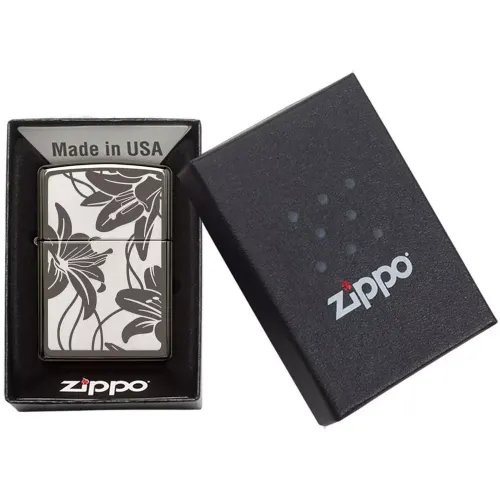 Зажигалка бензиновая Zippo Lily Black Ice Лилии, черный лед (29426)