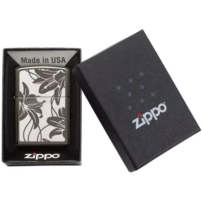 Зажигалка бензиновая Zippo Lily Black Ice Лилии, черный лед (29426)