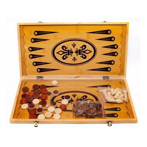 Ігрові набори Набір 3 в 1 шахи+шашки+нарди з бамбуку (40*20 см), фігури, фішки - дерево (DN19819)