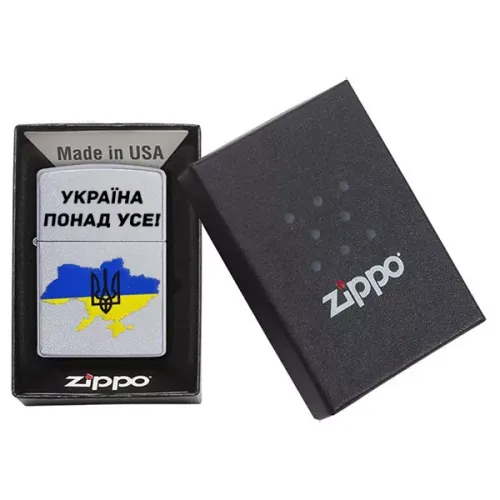 Бензиновые зажигалки Зажигалка бензиновая Zippo Ukraine Satin Chrome гравировка "Украина превыше всего!" цветная карта Украины (205 U)