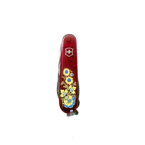 Ножі та мультитули Victorinox Складаний ніж 91 мм Victorinox Huntsman Ukraine 15 функцій, 4 шари, червоний напівпрозорий, Квіти (1.3713.T_T1050u)