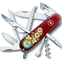 Складаний ніж 91 мм Victorinox Huntsman Ukraine 15 функцій, 4 шари, червоний напівпрозорий, Квіти (1.3713.T_T1050u)