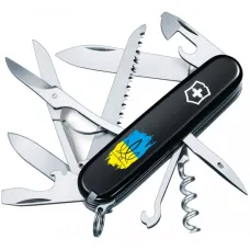 Складной нож Victorinox Huntsman Ukraine 91мм 15 функций Черный Трезубец фигурный на фоне флага (1.3713.3_T1026u)