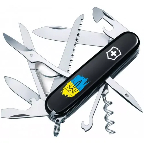 Ножі та мультитули Victorinox Складной нож Victorinox Huntsman Ukraine 91мм 15 функций Черный Трезубец фигурный на фоне флага (1.3713.3_T1026u)