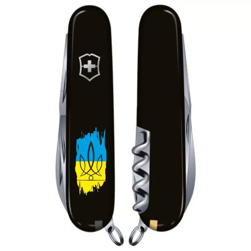 Складной нож Victorinox Spartan Ukraine 91мм 12 функций Черный Трезубец фигурный на фоне флага (1.3603.3_T1026u)