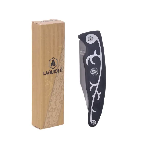 Другие ножи, комплекты и аксессуары Складаний мисливський ніж 22 см Laguiole чорне дерево пакка з металевим візерунком (40268404)