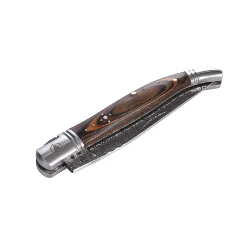 Другие ножи, комплекты и аксессуары Складаний ніж Laguiole 21.5 см коричневе дерево пакка, малюнок на лезі "дамаська сталь", металева коробка (40269047)