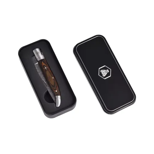 Другие ножи, комплекты и аксессуары Складаний ніж Laguiole 21.5 см коричневе дерево пакка, малюнок на лезі "дамаська сталь", металева коробка (40269047)